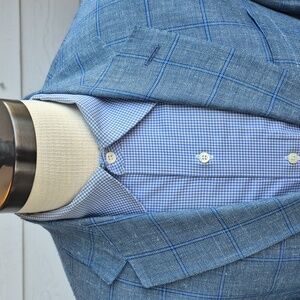 COPPLEY Recent Light Aqua Blue Plaid Super 110s Wool Linen Sz 38 L Sport Coat